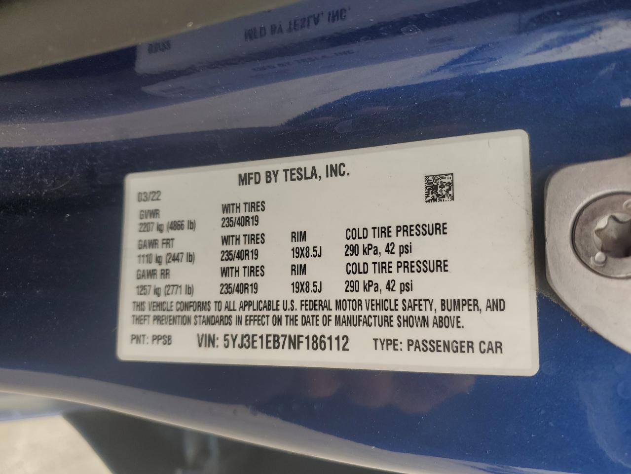 2022 TESLA MODEL 3 VIN:5YJ3E1EB7NF186112