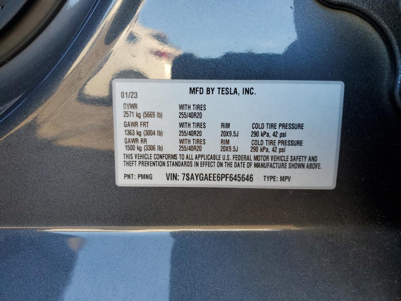 2023 TESLA MODEL Y VIN:7SAYGAEE6PF645646