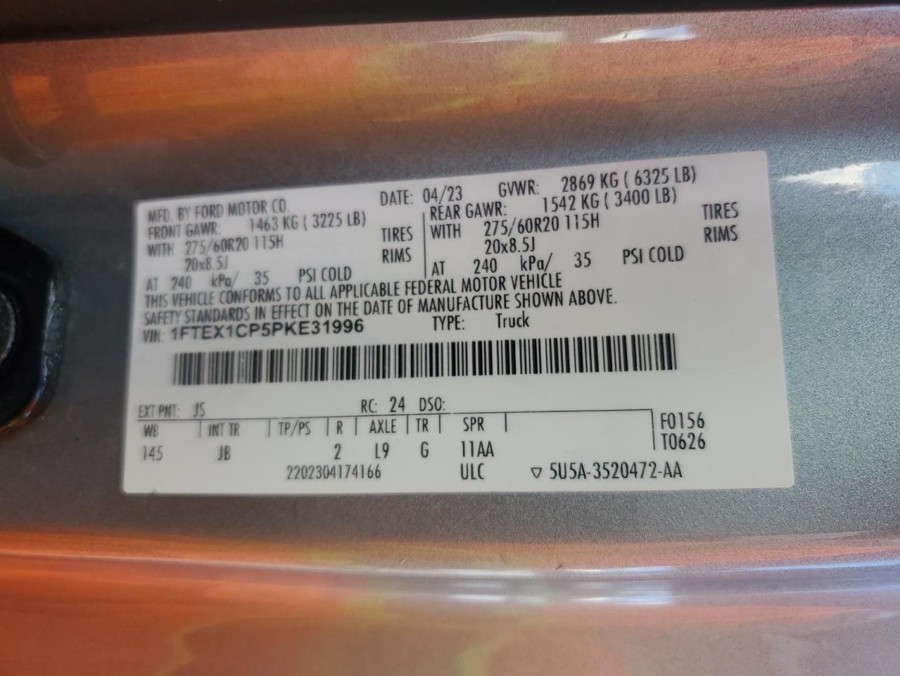 2023 FORD F150 SUPER CAB VIN:1FTEX1CP5PKE31996