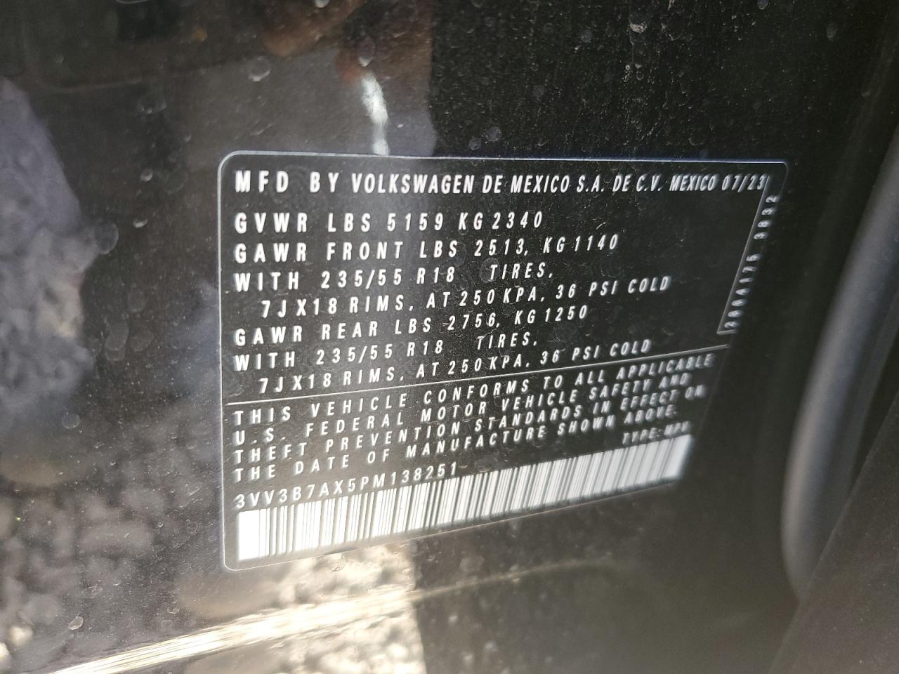 2023 VOLKSWAGEN TIGUAN SE VIN:3VV3B7AX5PM138251