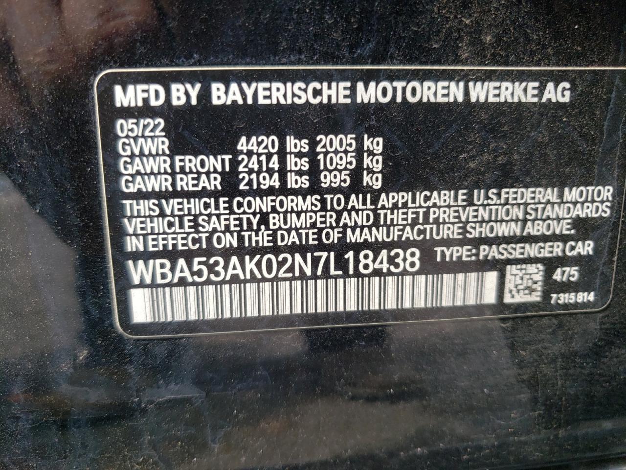 2022 BMW 228I VIN:WBA53AK02N7L18438