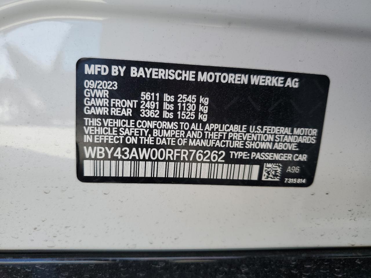 2024 BMW I4 EDRIVE35 VIN:WBY43AW00RFR76262