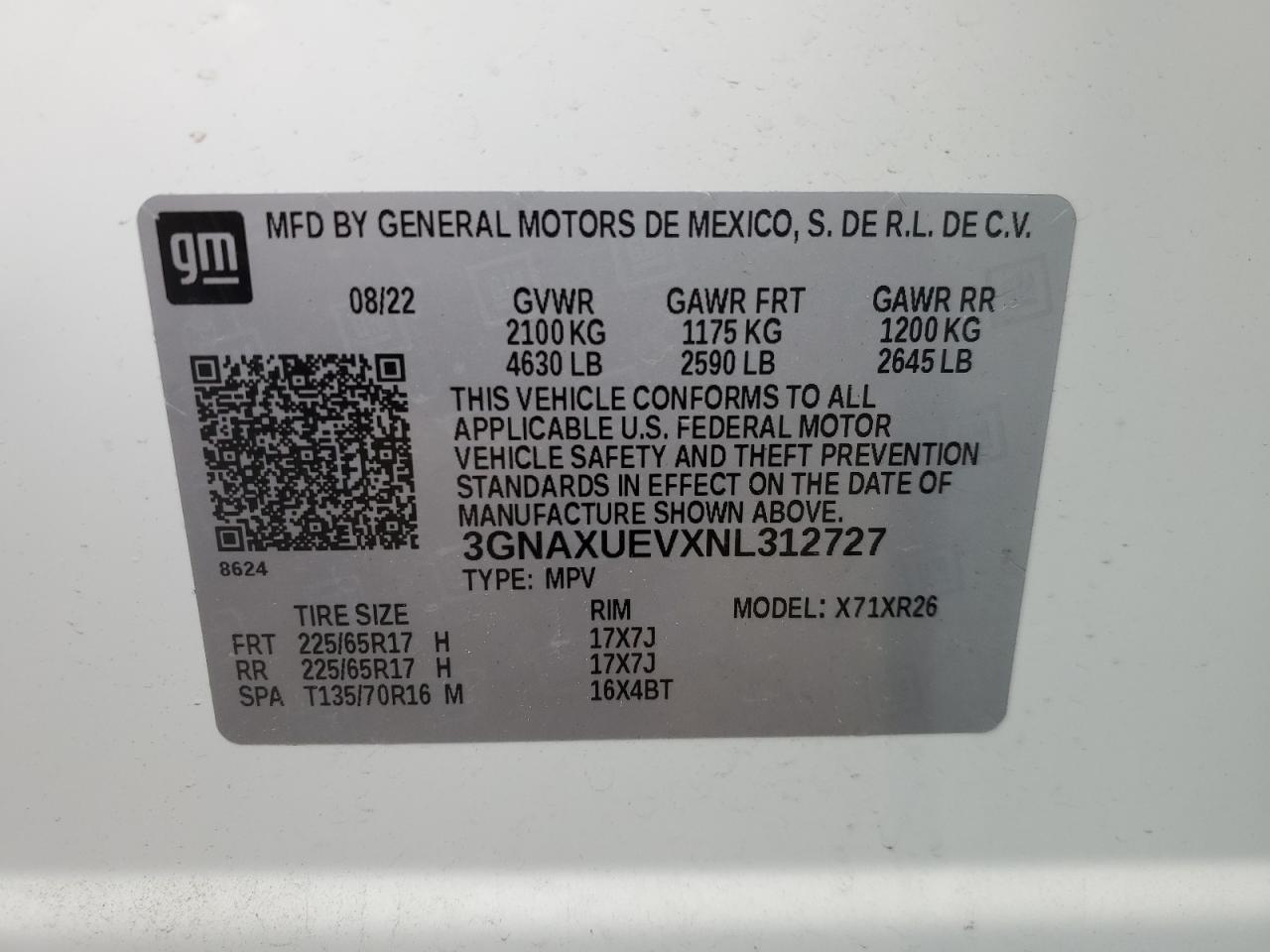 2022 CHEVROLET EQUINOX LT VIN:3GNAXUEVXNL312727