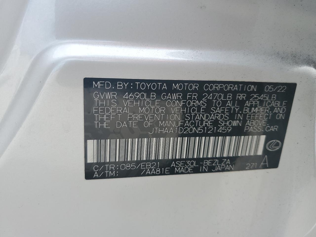 2022 LEXUS IS 300 VIN:JTHAA1D20N5121459