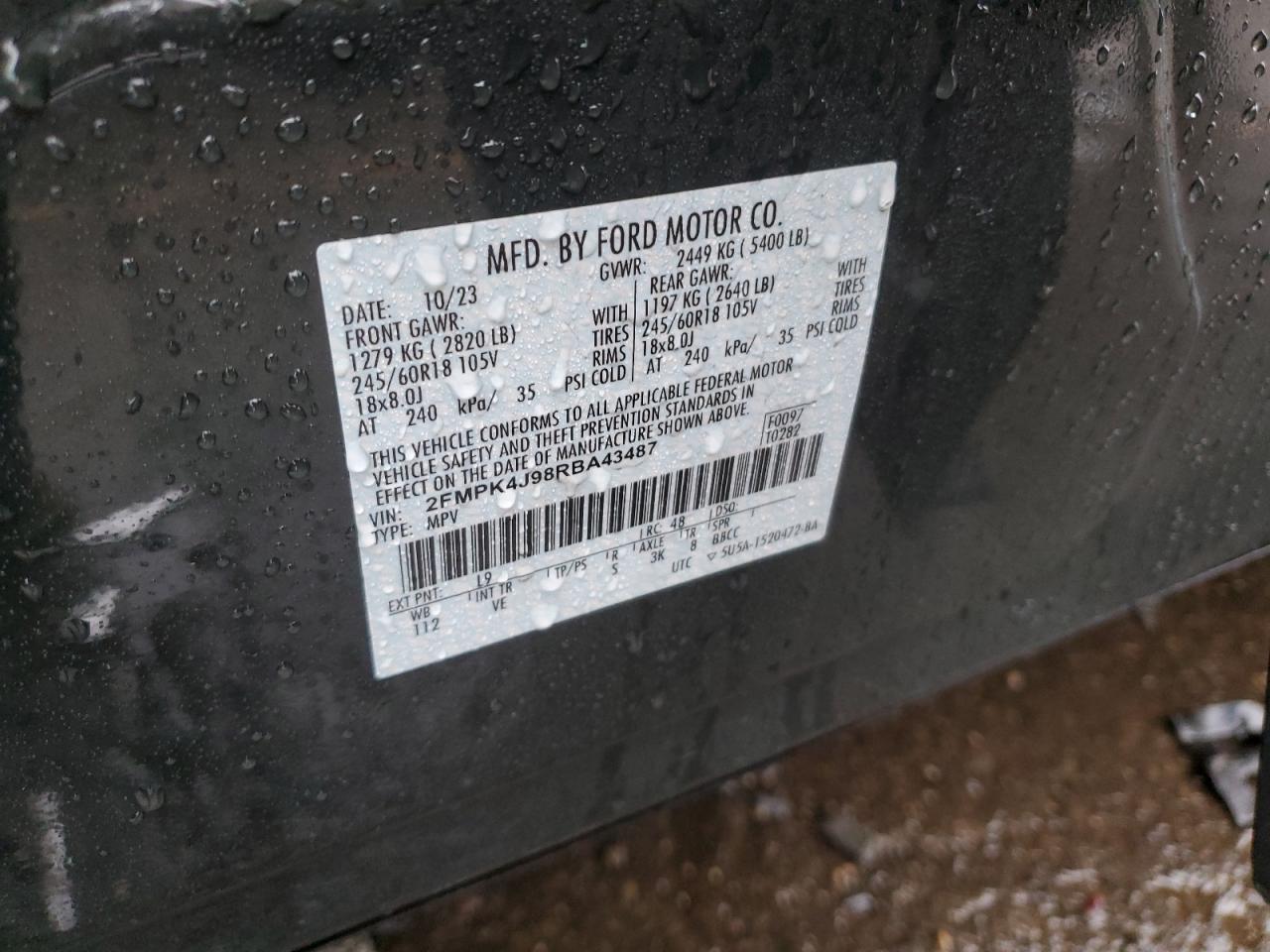 2024 FORD EDGE SEL VIN:2FMPK4J98RBA43487