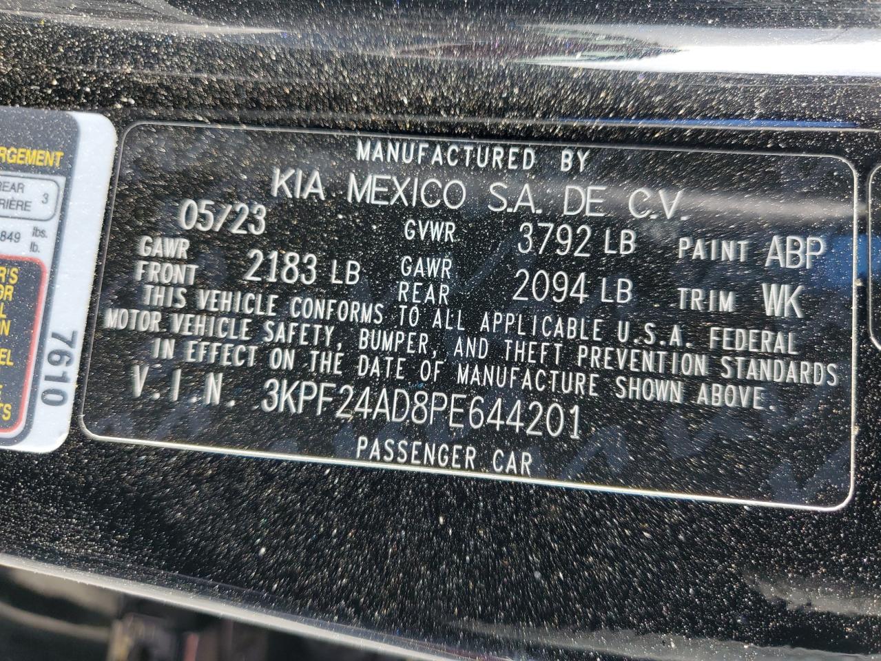 2023 KIA FORTE LX VIN:3KPF24AD8PE644201