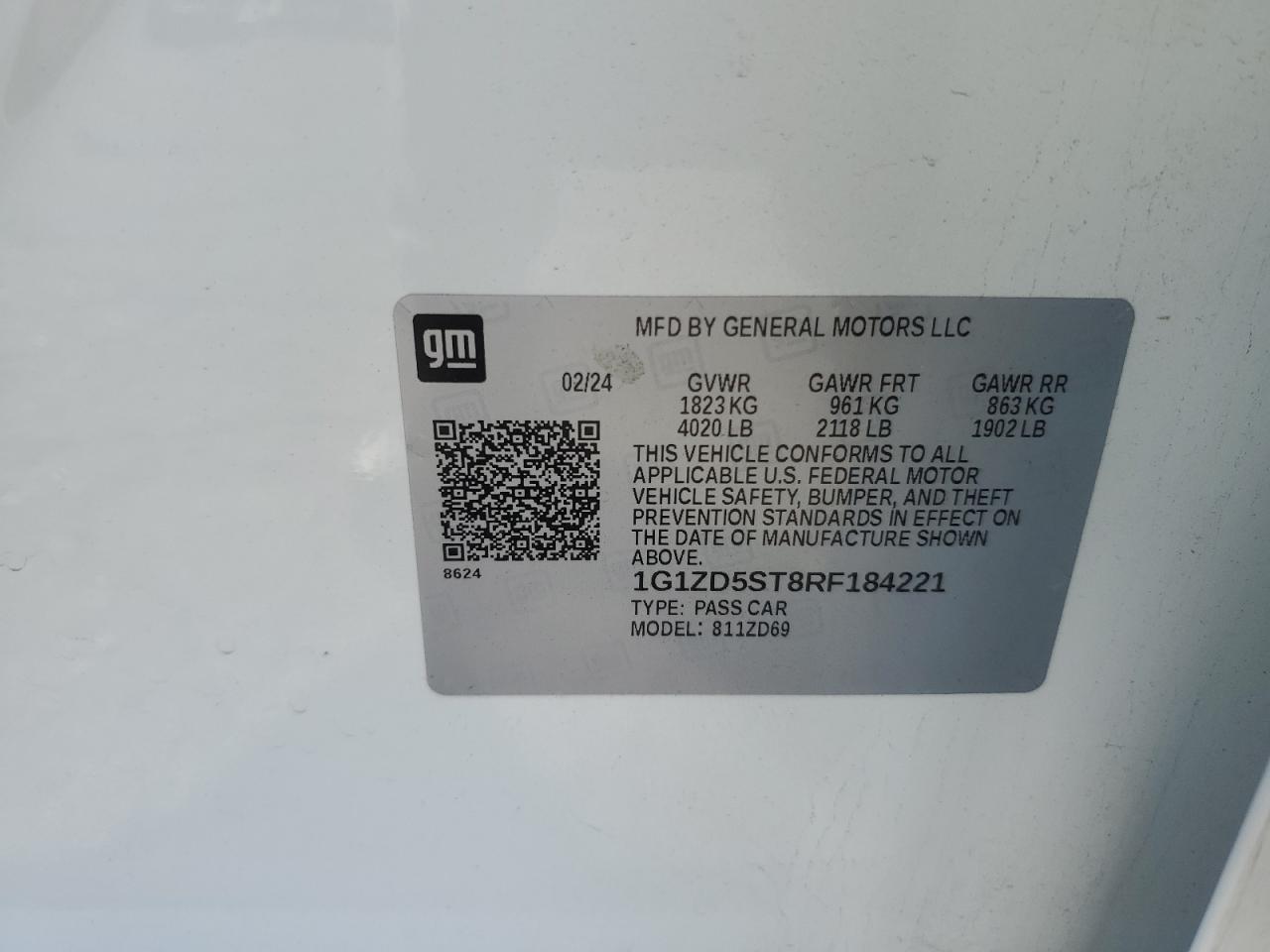 2024 CHEVROLET MALIBU LT VIN:1G1ZD5ST8RF184221