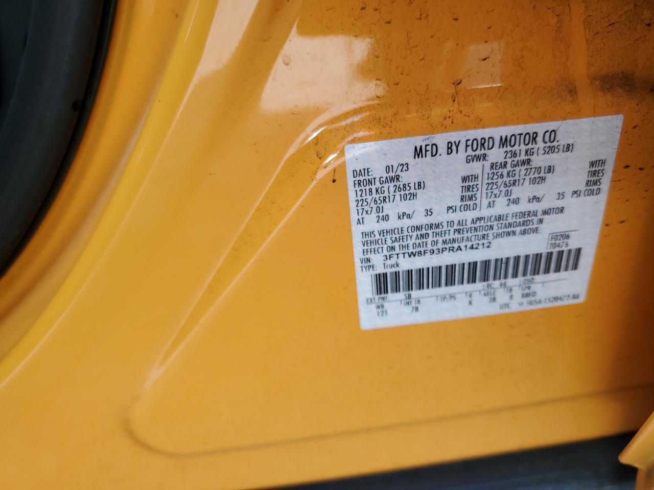 2023 FORD MAVERICK XL VIN:3FTTW8F93PRA14212