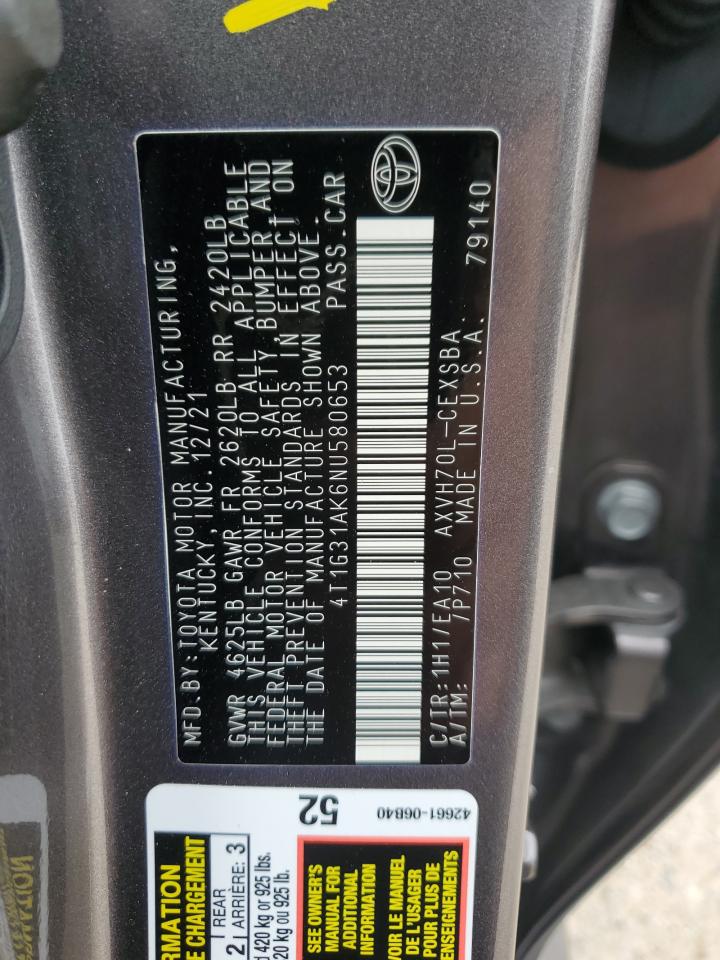 2022 TOYOTA CAMRY NIGHT SHADE VIN:4T1G31AK6NU580653