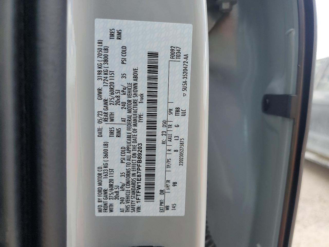 2023 FORD F150 SUPERCREW VIN:1FTFW1E87PFB89203