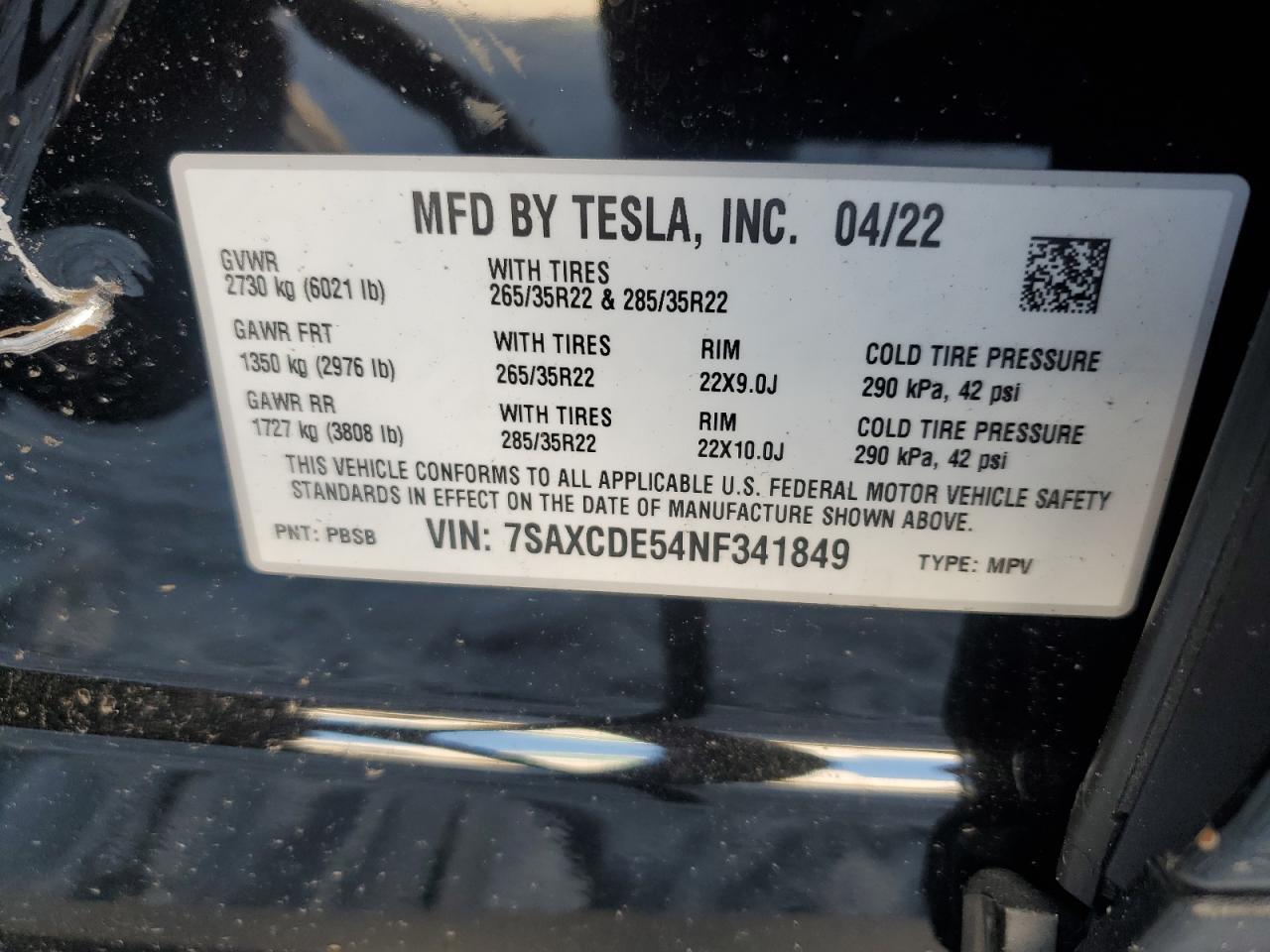 2022 TESLA MODEL X VIN:7SAXCDE54NF341849