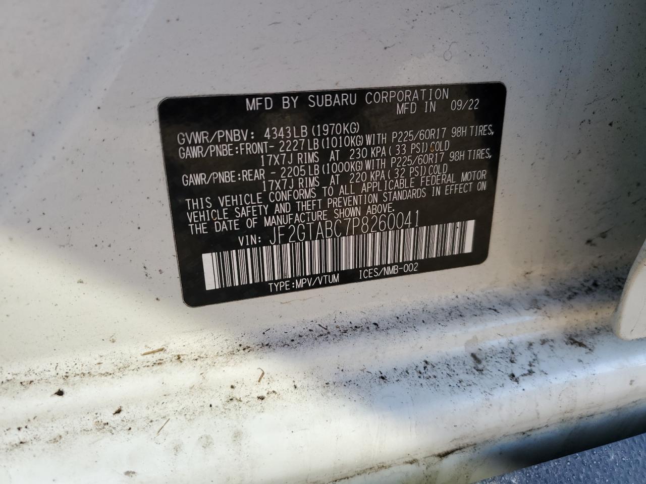 2023 SUBARU CROSSTREK VIN:JF2GTABC7P8260041