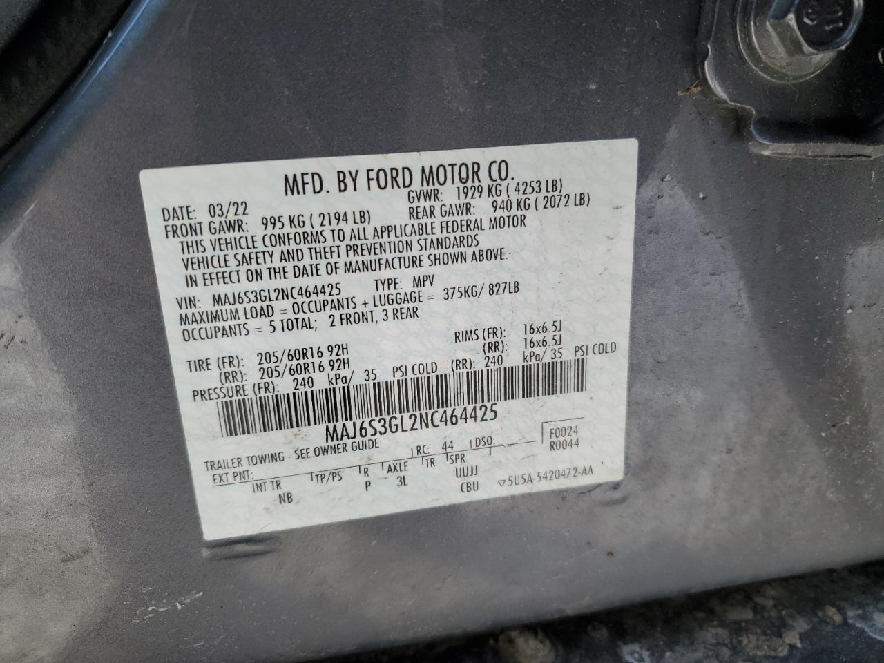 2022 FORD ECOSPORT SE VIN:MAJ6S3GL2NC464425