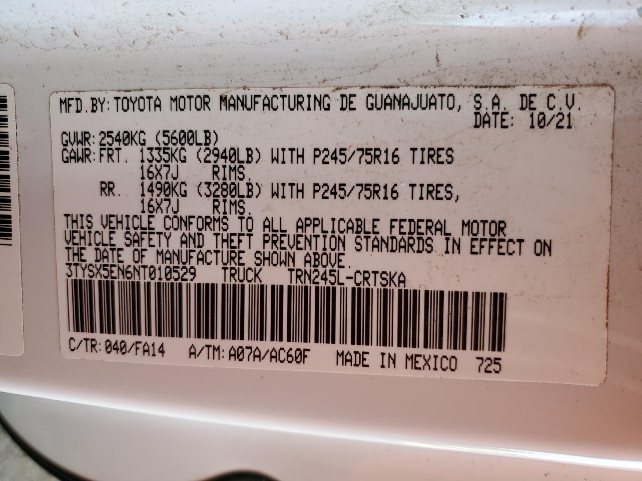 2022 TOYOTA TACOMA ACCESS CAB VIN:3TYSX5EN6NT010529