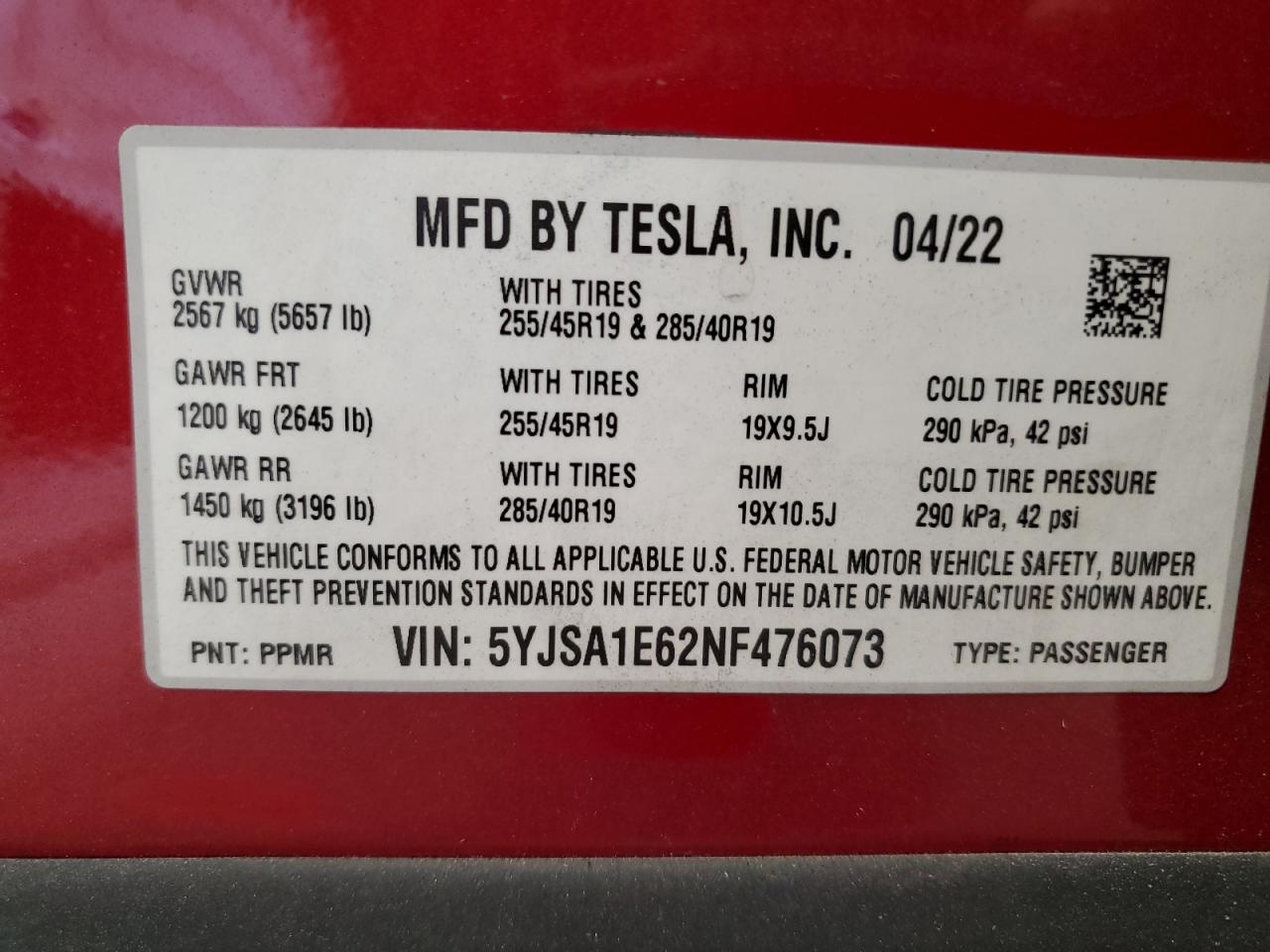 2022 TESLA MODEL S VIN:5YJSA1E62NF476073