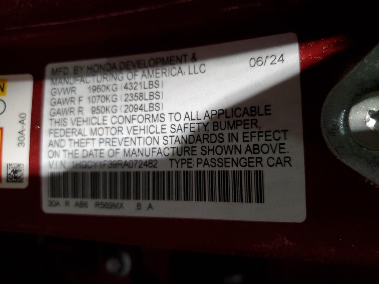 2024 HONDA ACCORD EX VIN:1C3CCBBG2DN527898