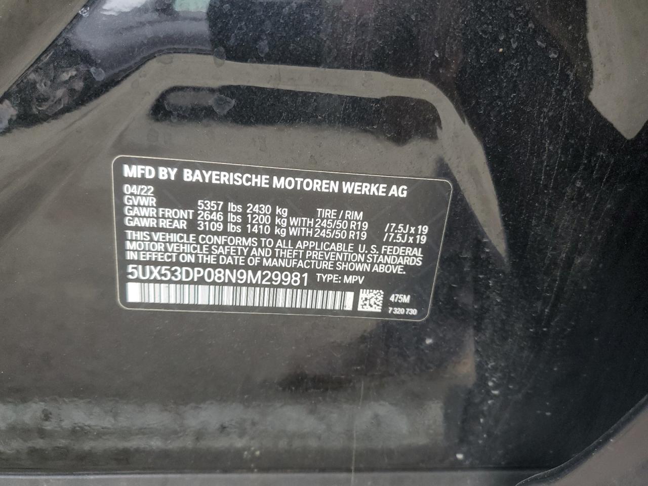 2022 BMW X3 XDRIVE30I VIN:5UX53DP08N9M29981