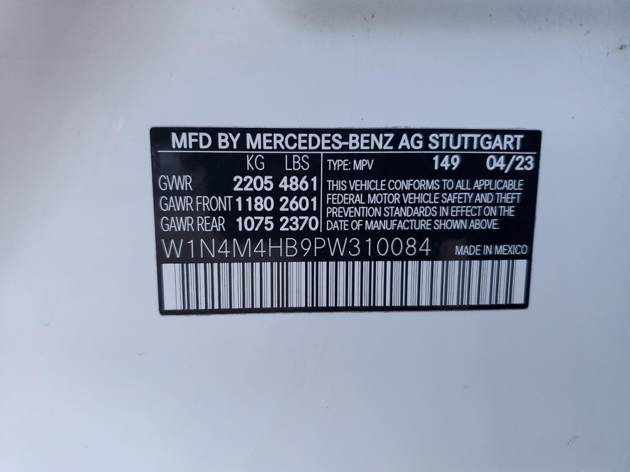 2023 MERCEDES-BENZ GLB 250 4MATIC VIN:W1N4M4HB9PW310084