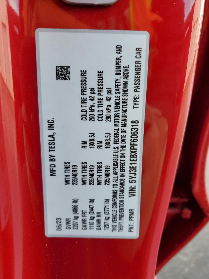 2023 TESLA MODEL 3 VIN:5YJ3E1EBXPF606318