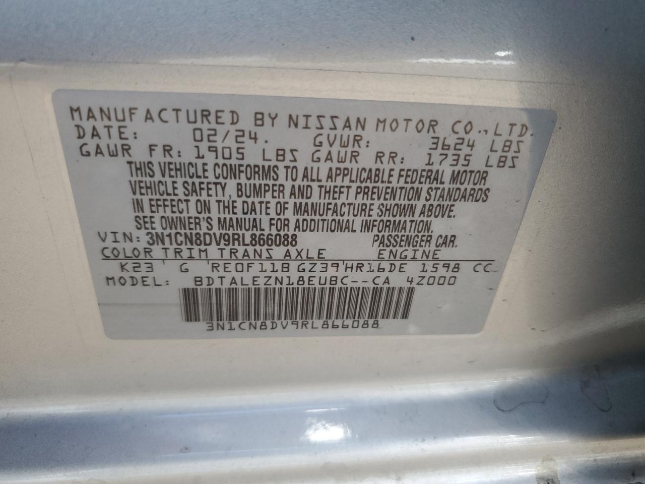 2024 NISSAN VERSA S VIN:3N1CN8DV9RL866088