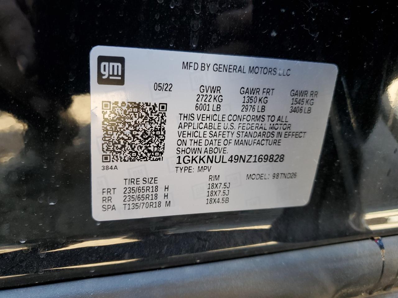 2022 GMC ACADIA SLT VIN:1GKKNUL49NZ169828
