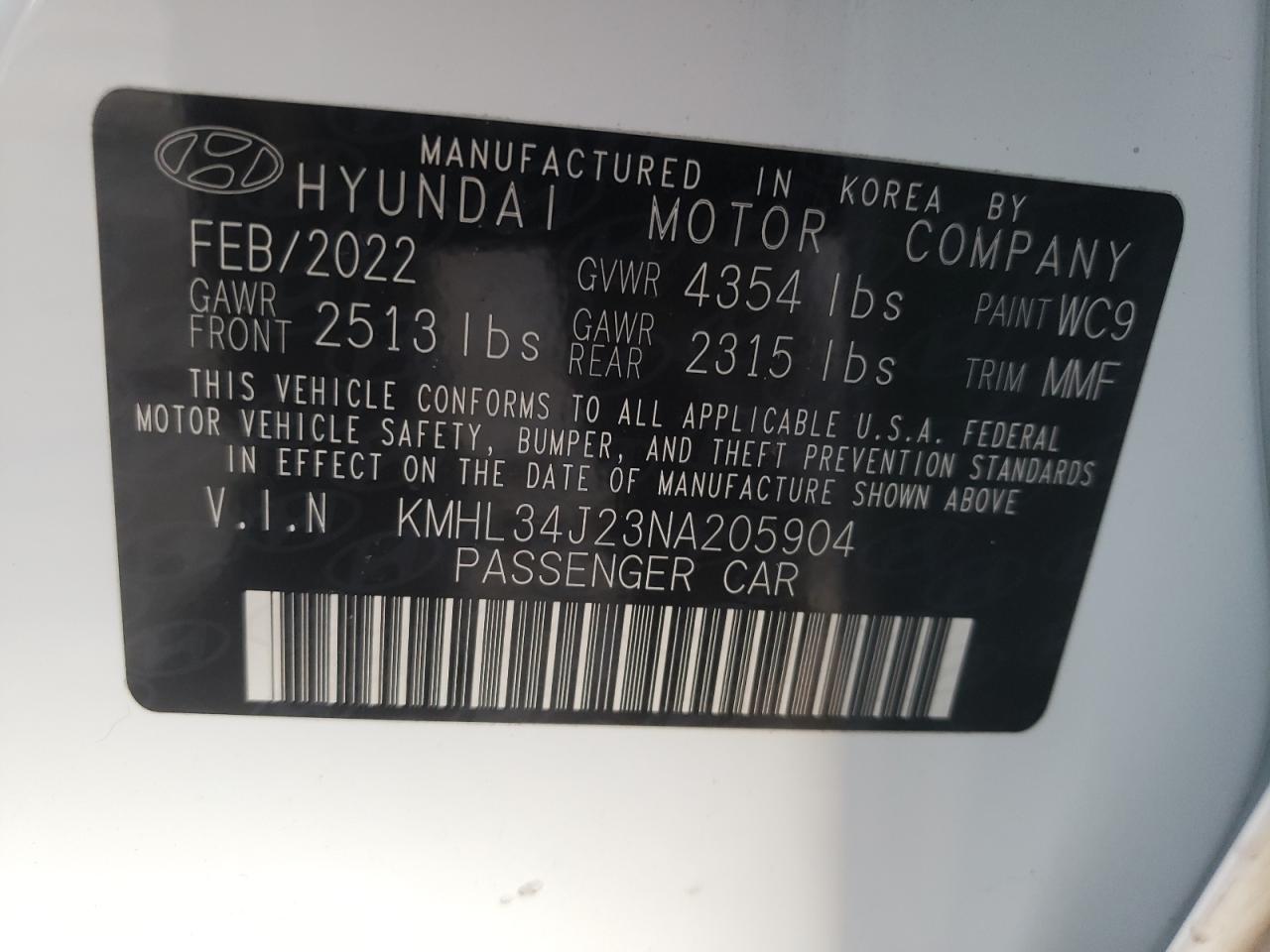 2022 HYUNDAI SONATA LIMITED VIN:KMHL34J23NA205904