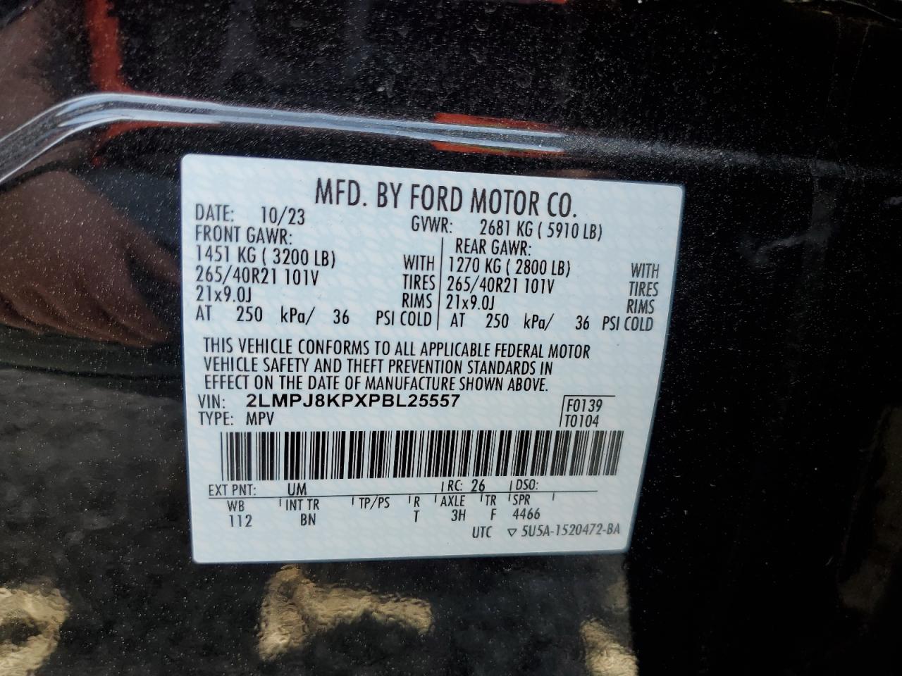 2023 LINCOLN NAUTILUS RESERVE VIN:2LMPJ8KPXPBL25557