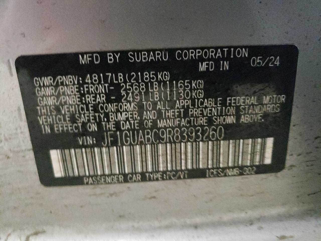 2024 SUBARU IMPREZA VIN:JF1GUABC9R8393260