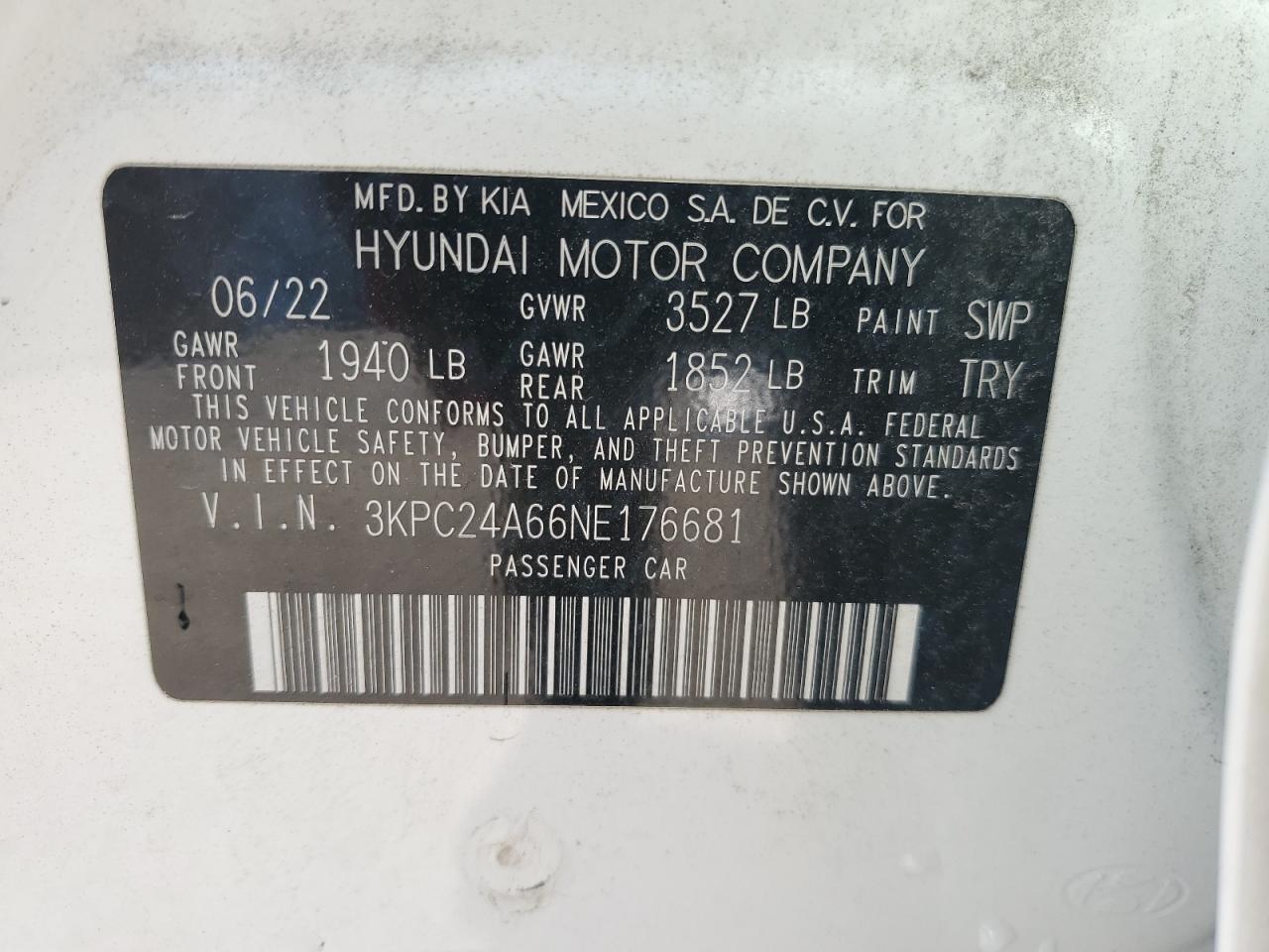 2022 HYUNDAI ACCENT SE VIN:3KPC24A66NE176681