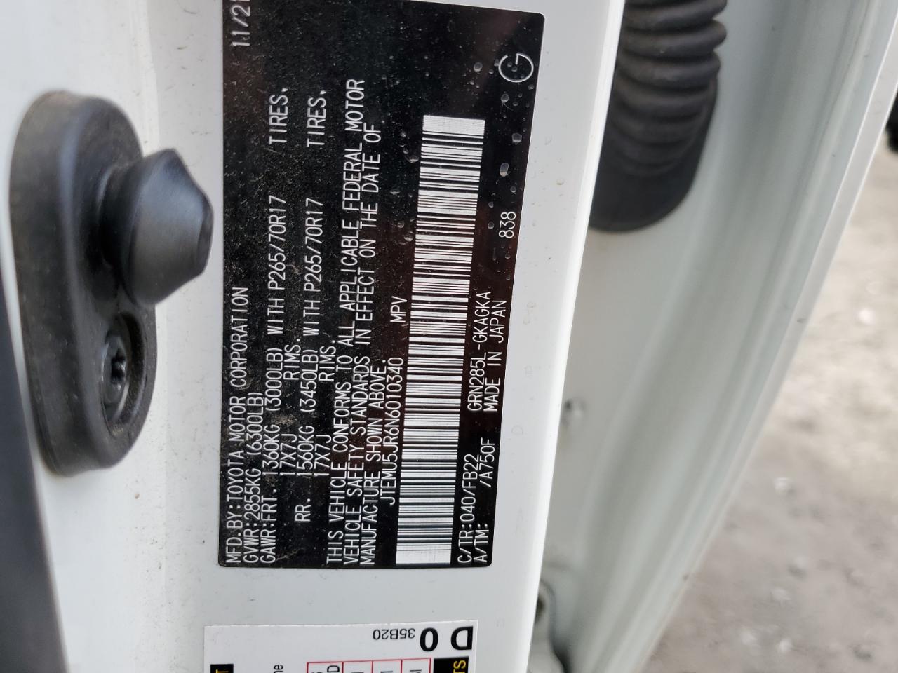 2022 TOYOTA 4RUNNER SR5/SR5 PREMIUM VIN:JTEMU5JR6N6010340