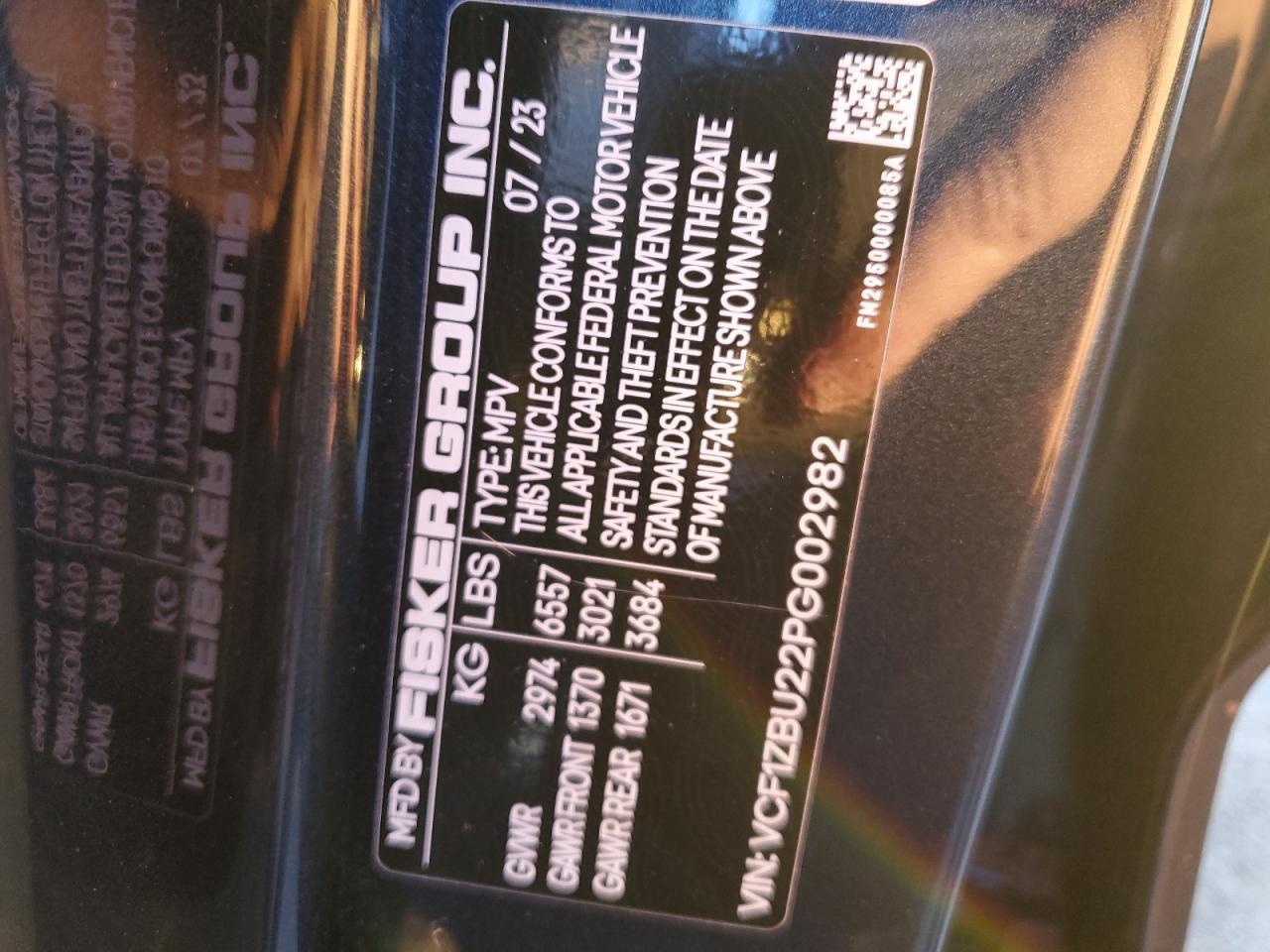 2023 FISKER INC. OCEAN OCEAN ONE VIN:VCF1ZBU22PG002982