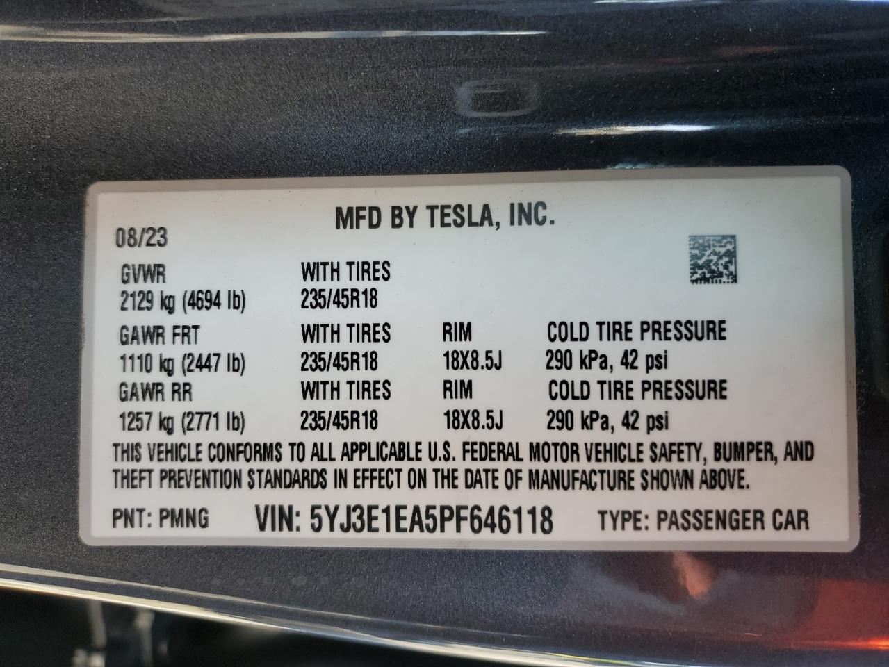 2023 TESLA MODEL 3 VIN:5YJ3E1EA5PF646118