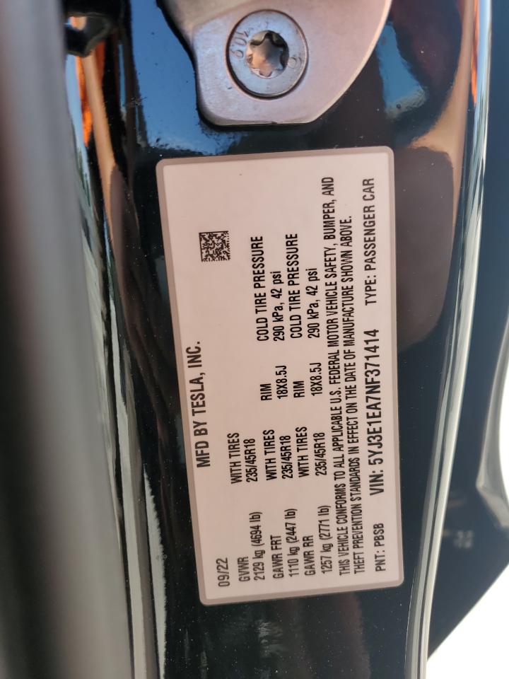 2022 TESLA MODEL 3 VIN:5YJ3E1EA7NF371414