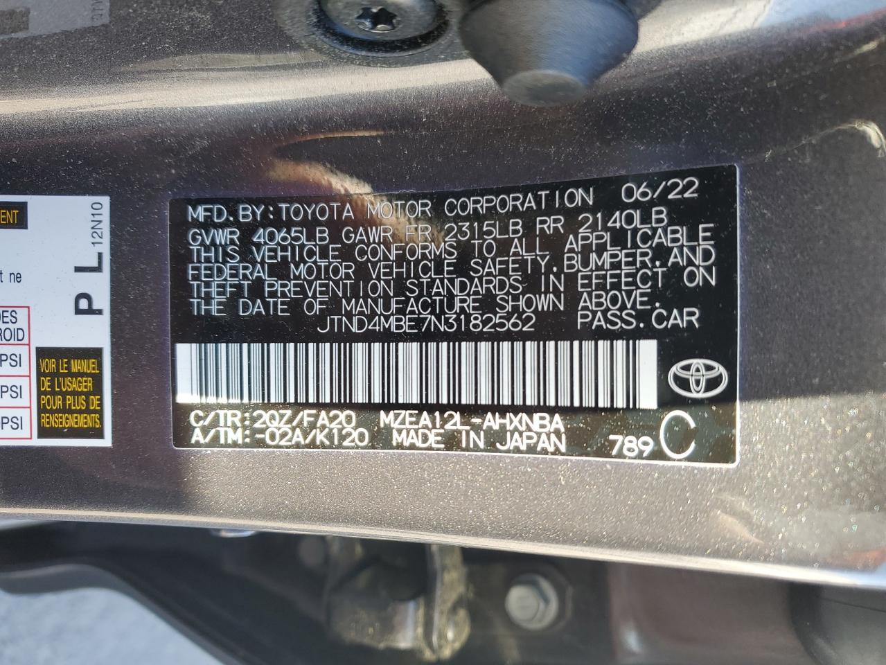 2022 TOYOTA COROLLA SE VIN:JTND4MBE7N3182562
