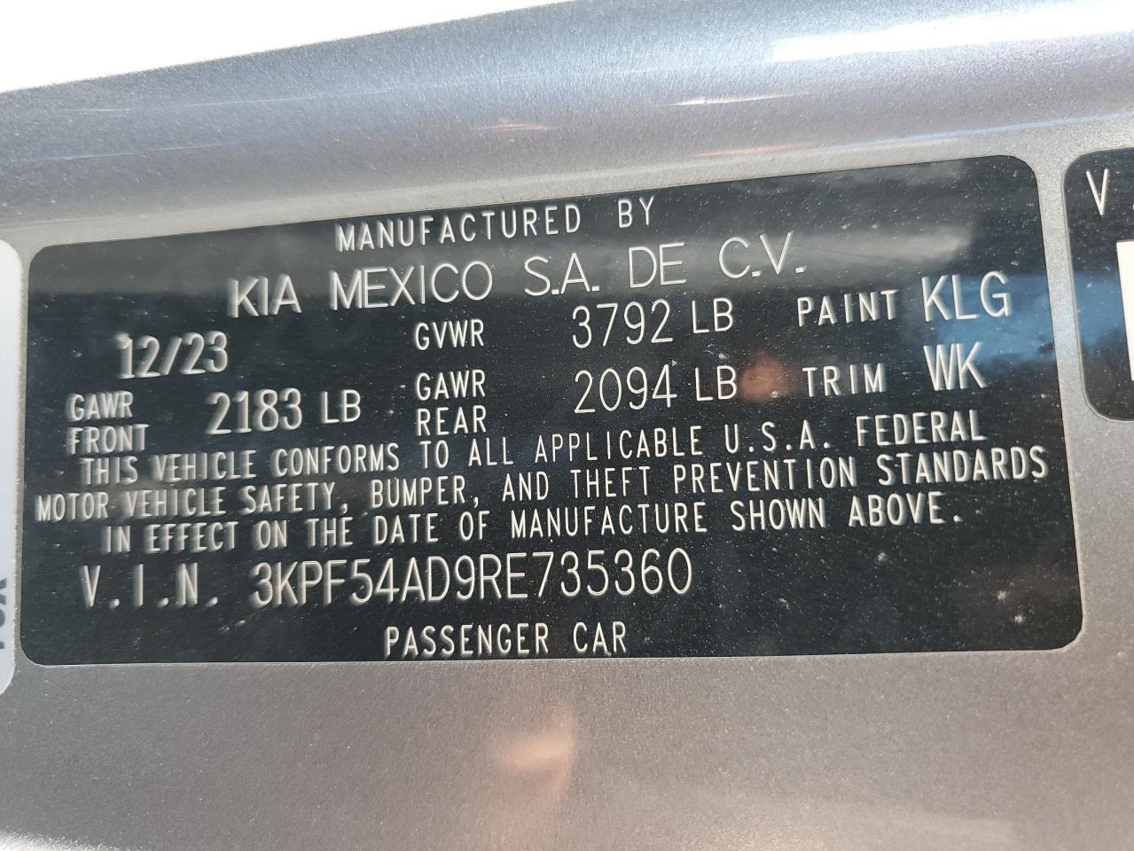 2024 KIA FORTE GT LINE VIN:3KPF54AD9RE735360