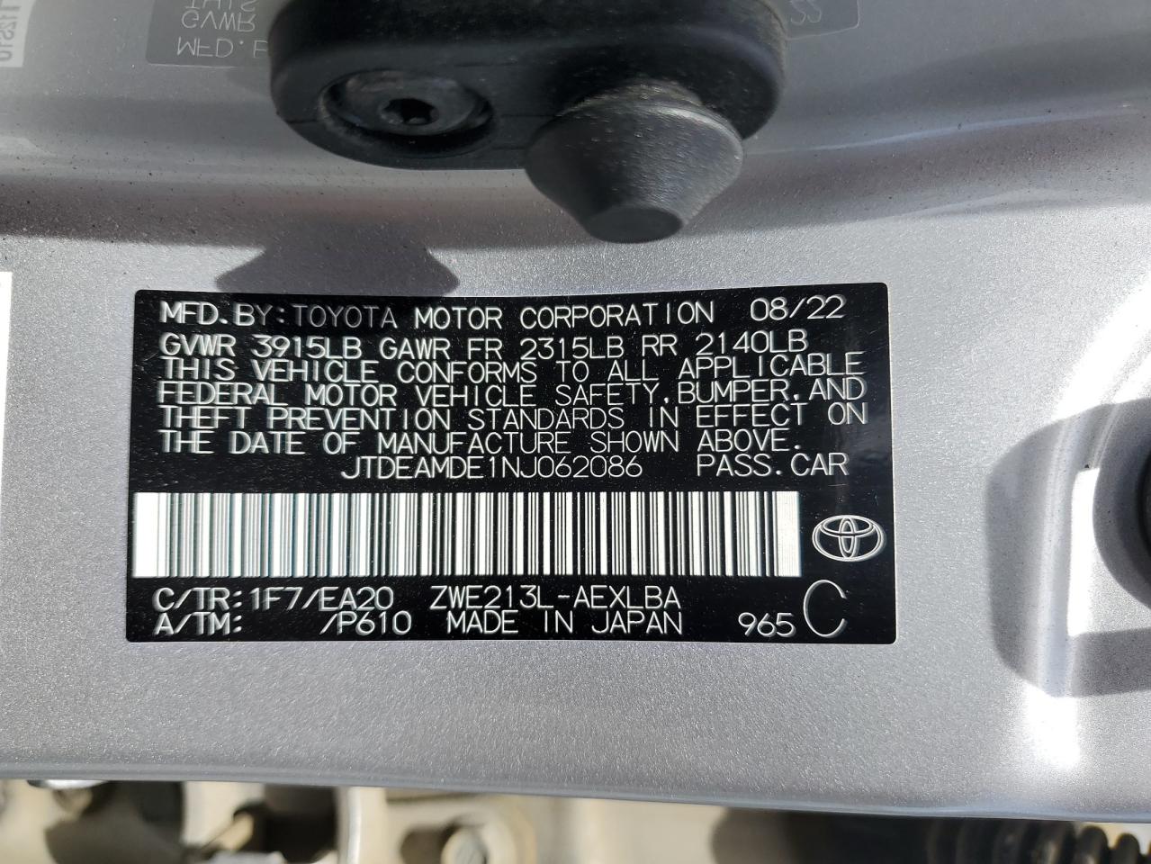 2022 TOYOTA COROLLA LE VIN:JTDEAMDE1NJ062086