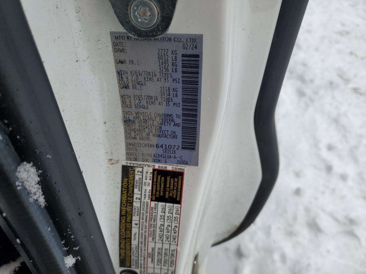 2024 NISSAN FRONTIER S VIN:1N6ED1CM1RN641072