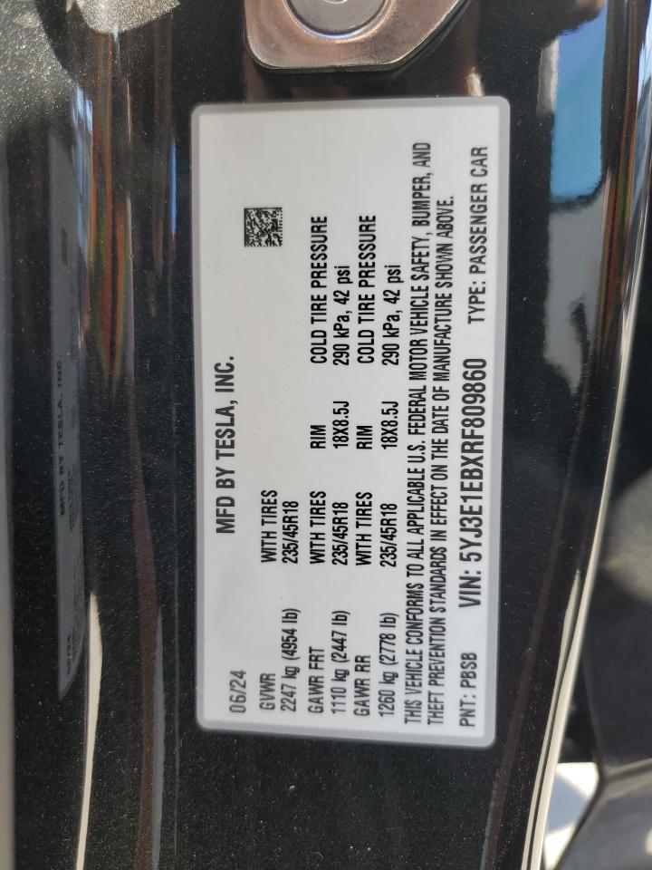 2024 TESLA MODEL 3 VIN:5YJ3E1EBXRF809860