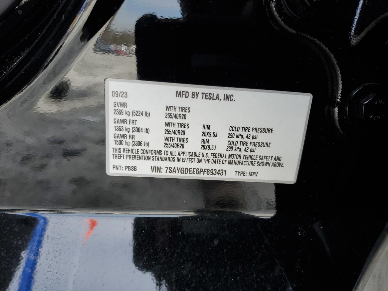 2023 TESLA MODEL Y VIN:7SAYGDEE6PF893431