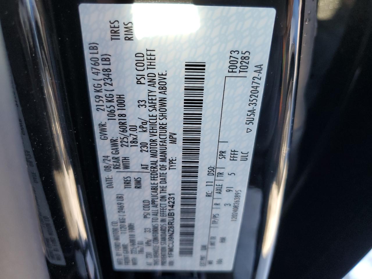 2024 FORD ESCAPE ST LINE SELECT VIN:1FMCU9NZ8RUB14231