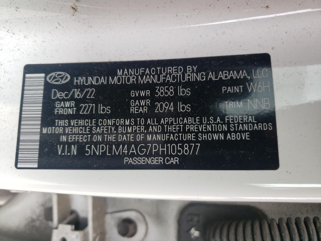 2023 HYUNDAI ELANTRA SEL VIN:5NPLM4AG7PH105877