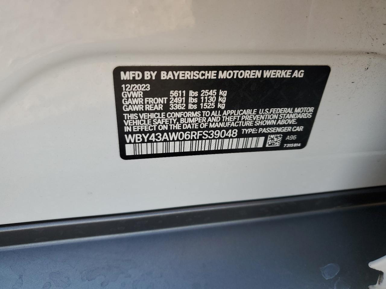 2024 BMW I4 EDRIVE 35 VIN:WBY43AW06RFS39048