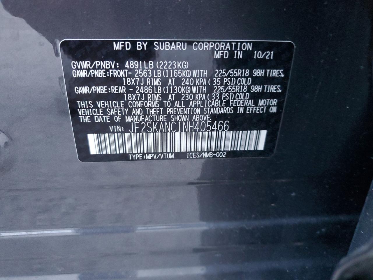 2022 SUBARU FORESTER LIMITED VIN:JF2SKANC1NH405466