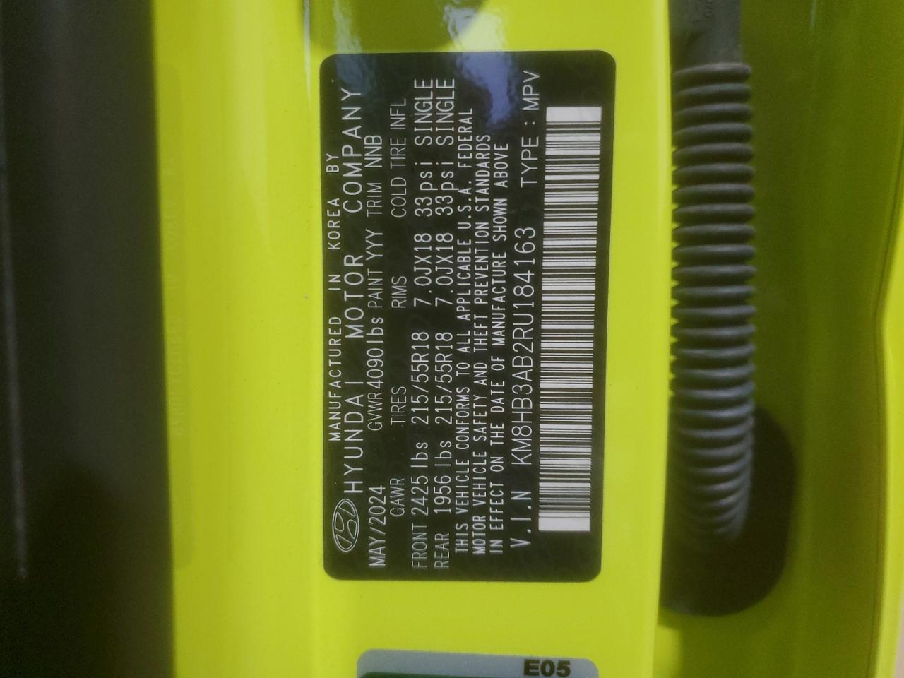 2024 HYUNDAI KONA SEL VIN:KM8HB3AB2RU184163