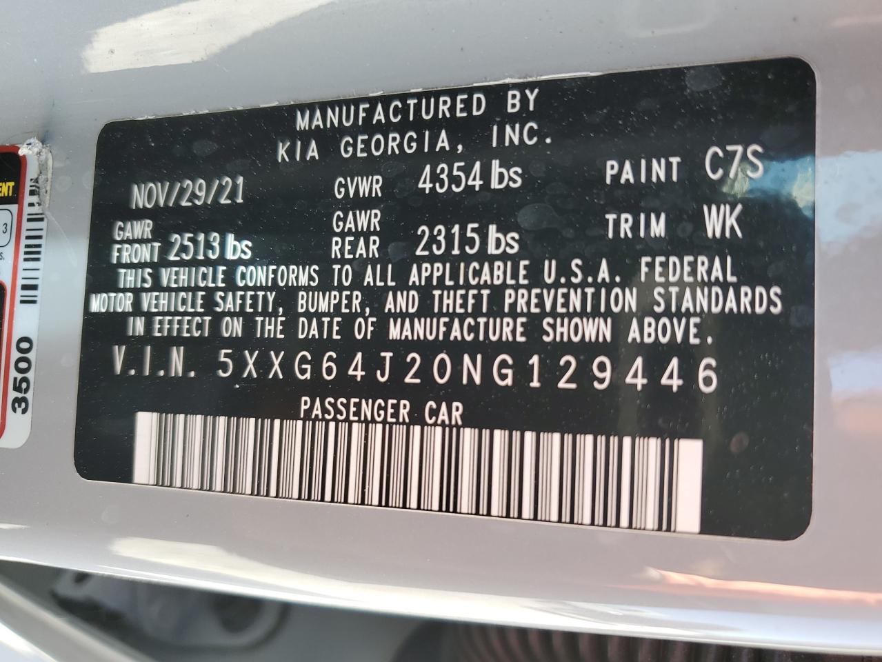 2022 KIA K5 GT LINE VIN:5XXG64J20NG129446