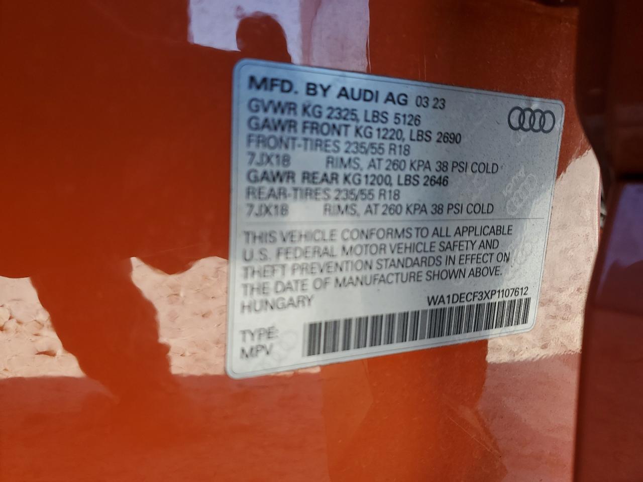 2023 AUDI Q3 PREMIUM S LINE 45 VIN:WA1DECF3XP1107612