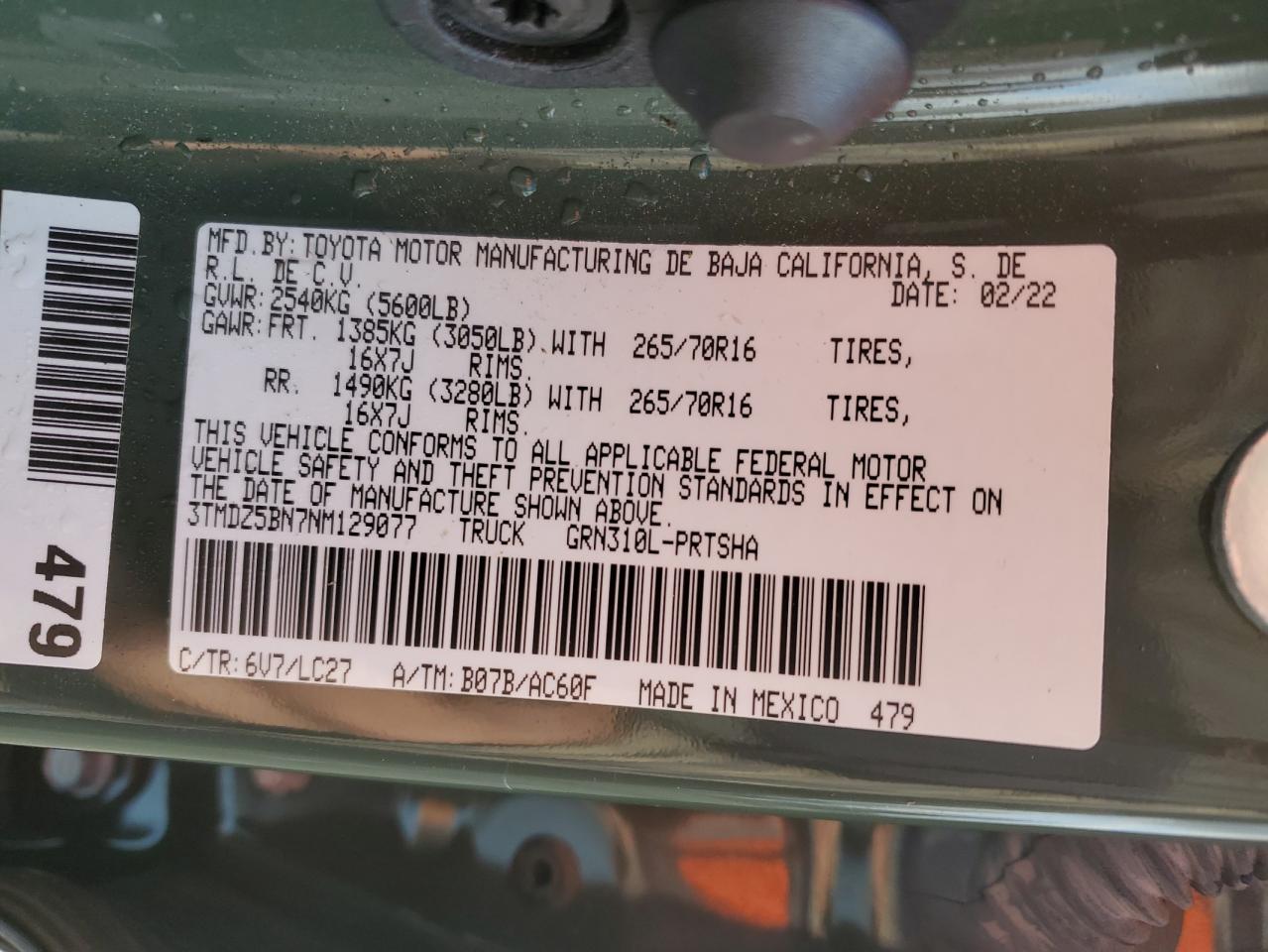 2022 TOYOTA TACOMA DOUBLE CAB VIN:3TMDZ5BN7NM129077