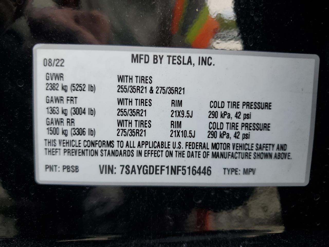 2022 TESLA MODEL Y VIN:7SAYGDEF1NF516446