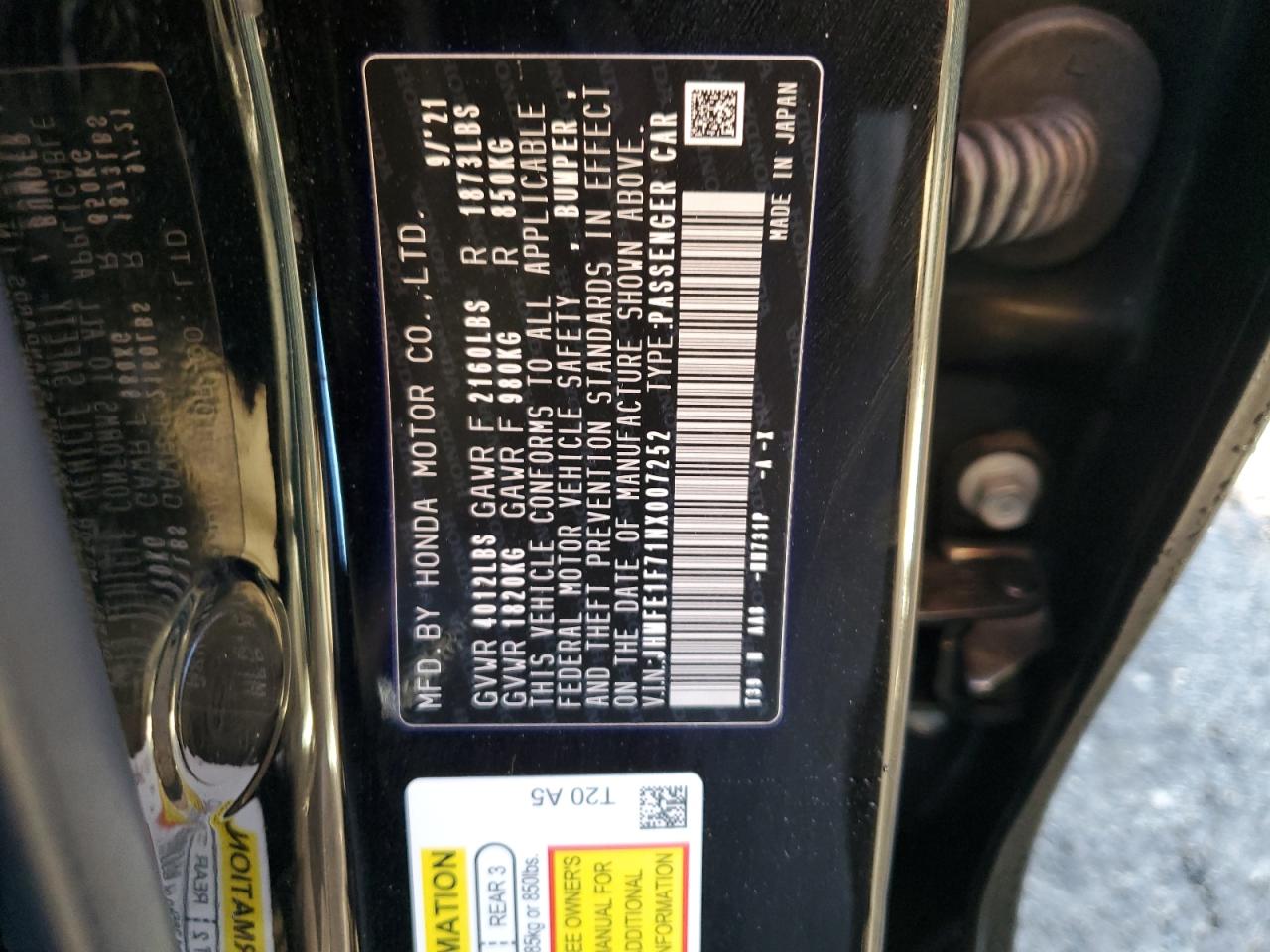 2022 HONDA CIVIC EX VIN:JHMFE1F71NX007252