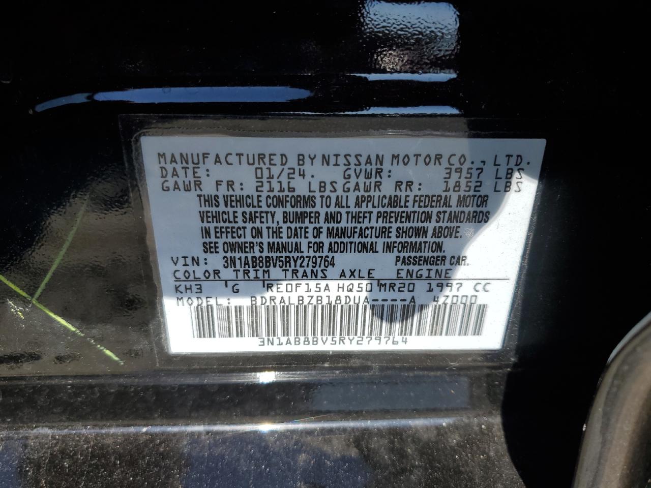2024 NISSAN SENTRA S VIN:3N1AB8BV5RY279764
